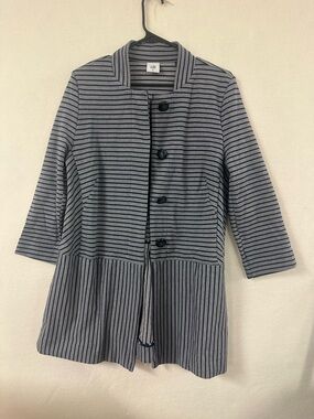 Cabi Women's Gray Blue Stripe Knit Jacket Coatigan Size M Lagenlook Coastal